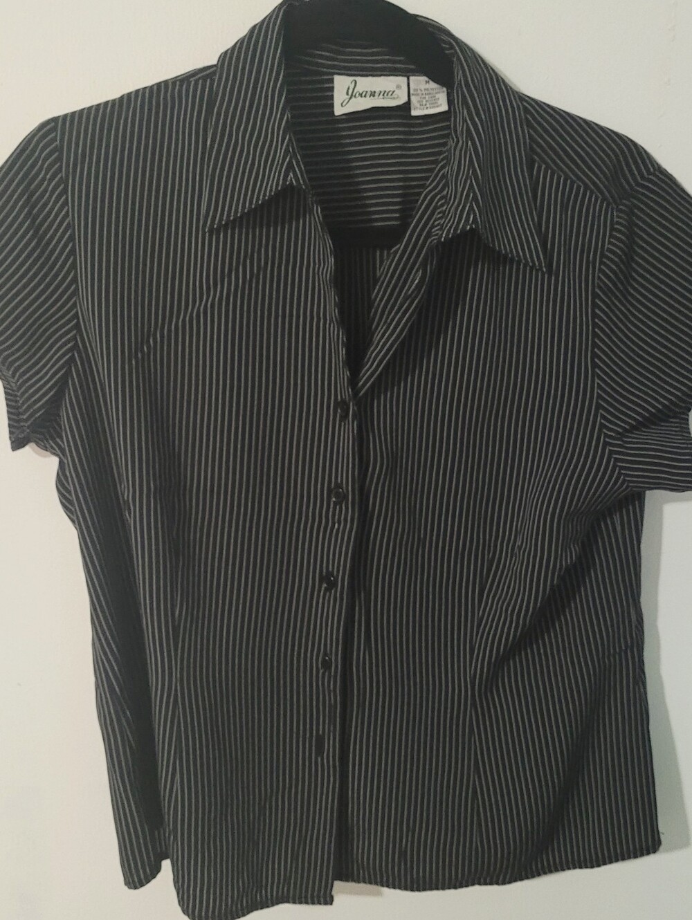Vtg. 90s Joanna Black Button Up Pinstripe Shirt Short Sleeve Sz. M